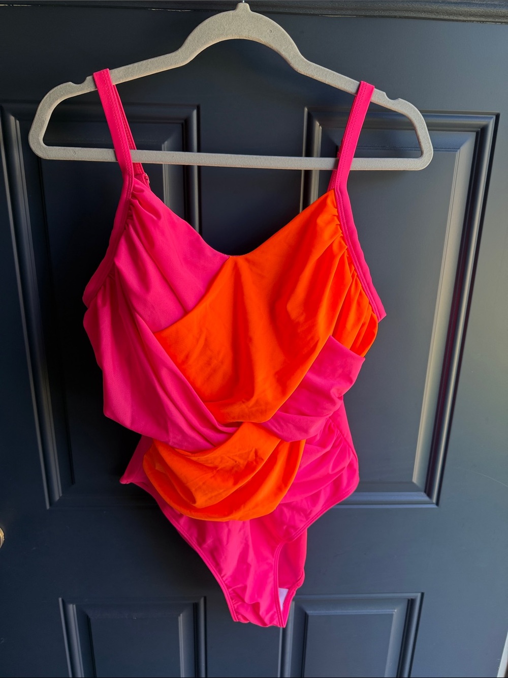 Neon Pink & Orange Draped One-Piece Swimsuit